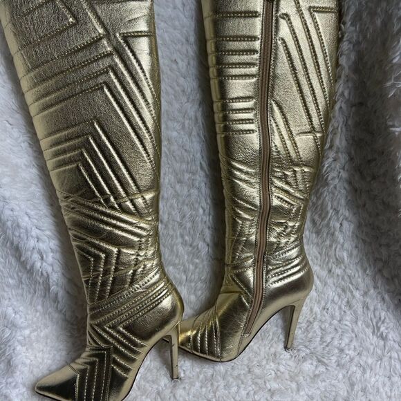 Liliana Metallic Gold Quilted Patterned Stitch Pointy Toe Stiletto Boots SZ 6.5 - Picture 4 of 16